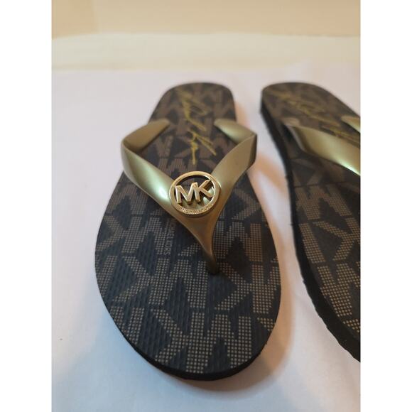 Michael Kors Gold Jet Set Logo Print Flip Flops Size 10 - Picture 2 of 11